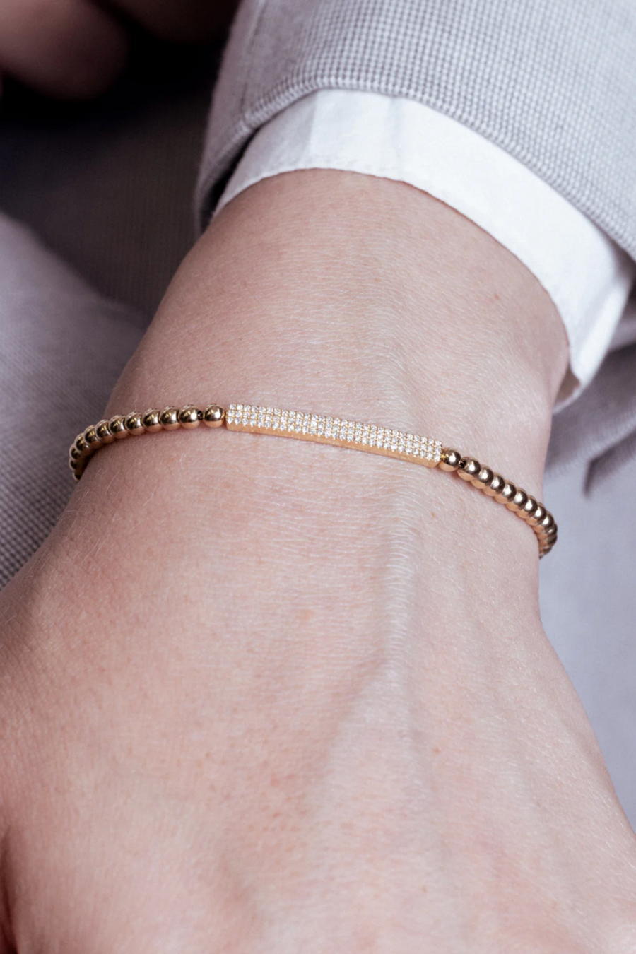 14K GOLD BEAD BRACELET WITH PAVE DIAMOND BAR